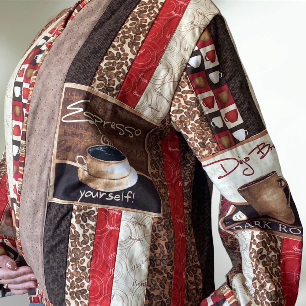 Handmade Coffee Espresso Print Open Front Jacket Size XL